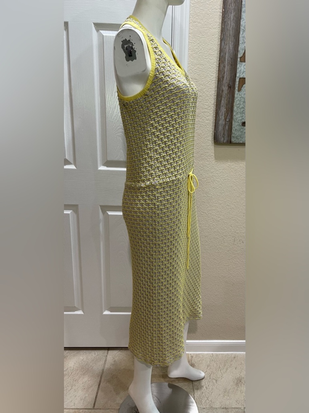 Capote Sleeveless Open-Knit Racerback Midi Gray/Yellow Drawstring Dress Size Lar - Picture 5 of 9